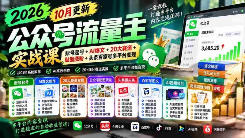 2026年公众号流量运营大师班:全新升级版!10月精选:打造爆款账号、AI智能创作、覆盖20大热门领域、贴图吸粉攻略+头条、百家号等多平台盈利策略-OG资源站