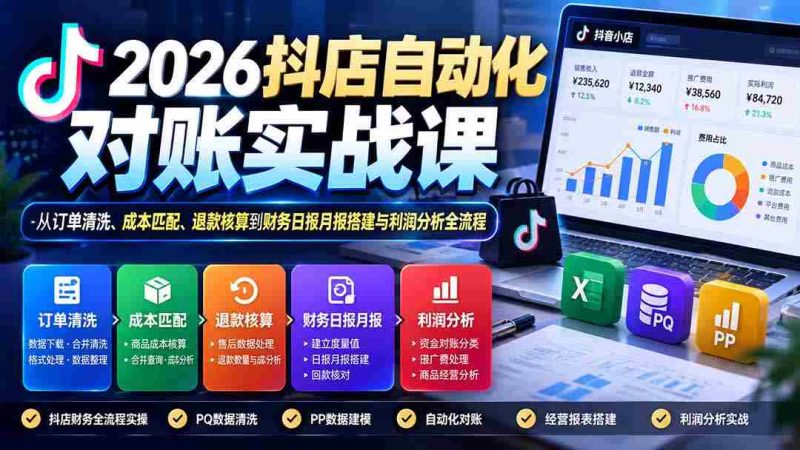 2026抖店自动化对账实战课:从订单清洗、成本匹配、退款核算到财务日报月报搭建与利润分析全流程-OG资源站