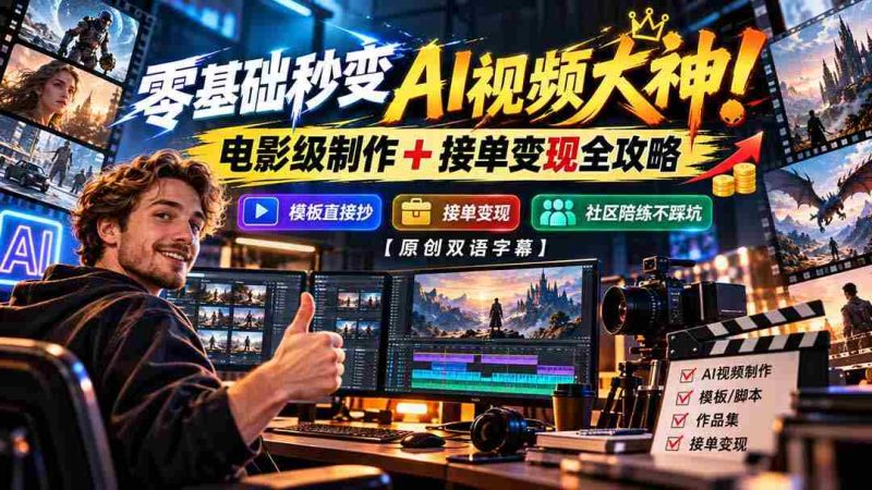 轻松入手AI视频制作高手!掌握电影水准制作技巧,一招掌握接单赚钱秘籍,模板即学即用,社区助力避坑【独家双语教学-OG资源站