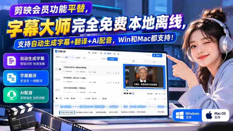 字幕大师免费版横空出世，剪映会员功能替代者，本地离线操作，自动字幕翻译AI配音，兼容Win与Mac系统！-OG资源站
