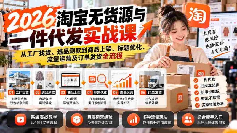 2026年淘宝无库存操作指南：揭秘从货源直击工厂、商品精选测款到上架推广、标题精修、流量引流及订单配送全攻略-OG资源站