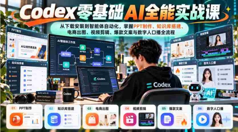 入门无门槛，Codex AI全能课程：从安装入门到智能自动化，全面解锁知识库构建、电商设计、视频编辑、爆款文案及数字人配音全技能-OG资源站