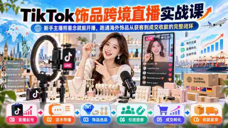 TikTok饰品跨境直播实战课,新手主播照着念就能开播,跑通海外饰品从获客到成交收款的完整闭环-OG资源站