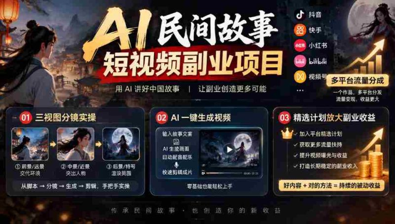 AI赋能短视频创作：民间故事新领域，多平台共享流量，三视图分镜教学，精选方案助力副业收益倍增-OG资源站