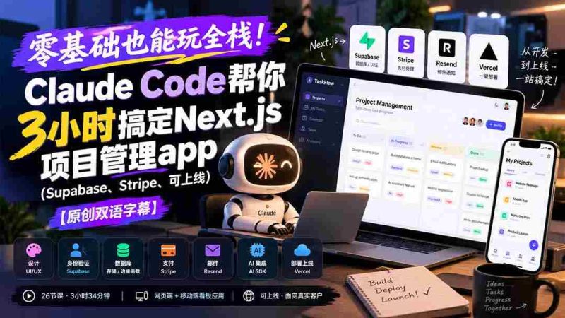 零基础也能玩全栈！Claude Code帮你3小时搞定Next.js项目管理app（Supabase、Stripe、可上线）【原创双语字幕】-OG资源站