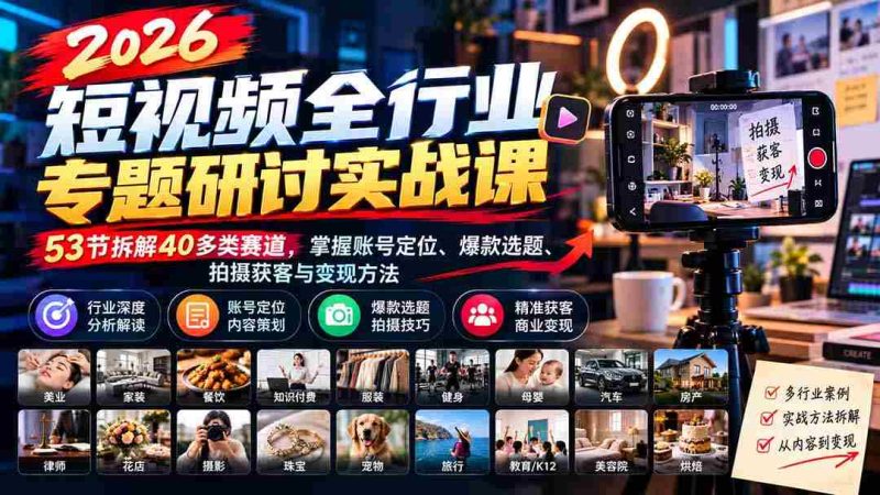 2026短视频领域深度解析实战研讨会:1010版全面升级,解析53节课程,涵盖40余赛道,揭秘账号定位、热门选题、拍摄技巧与盈利策略-OG资源站