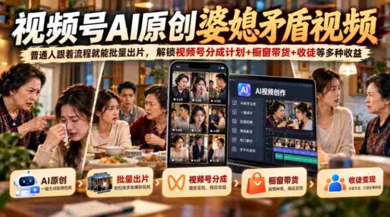 婆媳矛盾题材短视频AI制作,轻松上手批量制作,揭秘视频号多元盈利策略:分成分成+橱窗带货+徒弟招募-OG资源站
