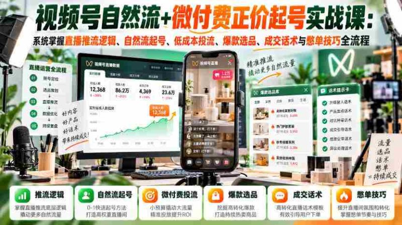 视频号自然流+微付费正价起号实战课：系统掌握直播推流逻辑、自然流起号、低成本投流、爆款选品、成交话术与憋单技巧全流程-OG资源站