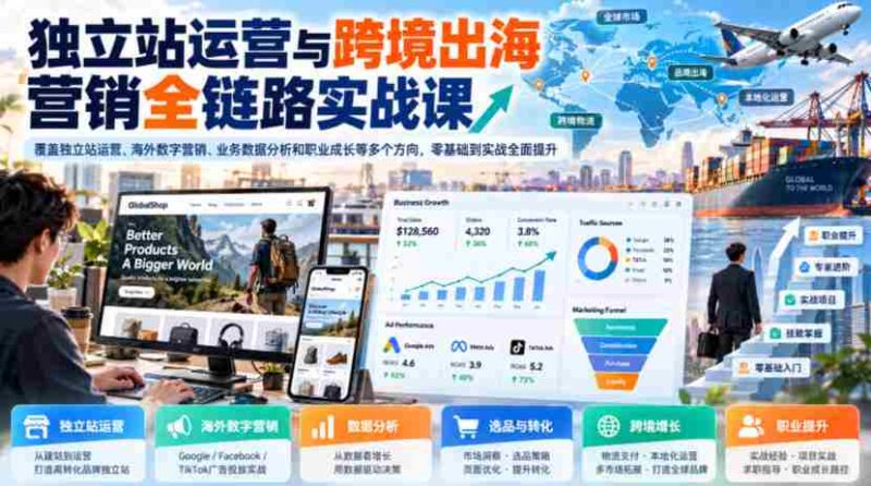 独立站运营与跨境出海营销全链路实战课,覆盖独立站运营、海外数字营销、业务数据分析和职业成长等多个方向,零基础到实战全面提升-OG资源站