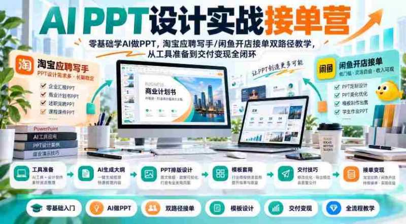 AI PPT设计实战训练营:新手也能轻松驾驭AI制作PPT,揭秘淘宝写手和闲鱼店铺双通道,全流程指导从工具使用到成果变现-OG资源站