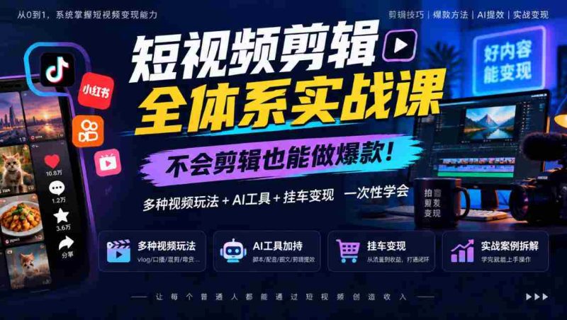 轻松掌握短视频剪辑秘籍,零基础打造热门内容,全方位学习视频制作、AI赋能及挂车盈利-OG资源站