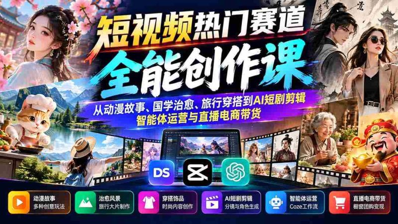 短视频爆款之路:涵盖动漫叙述、传统文化疗愈、旅游时尚搭配至AI剧集制作、智能助手运营及直播电商营销攻略-OG资源站