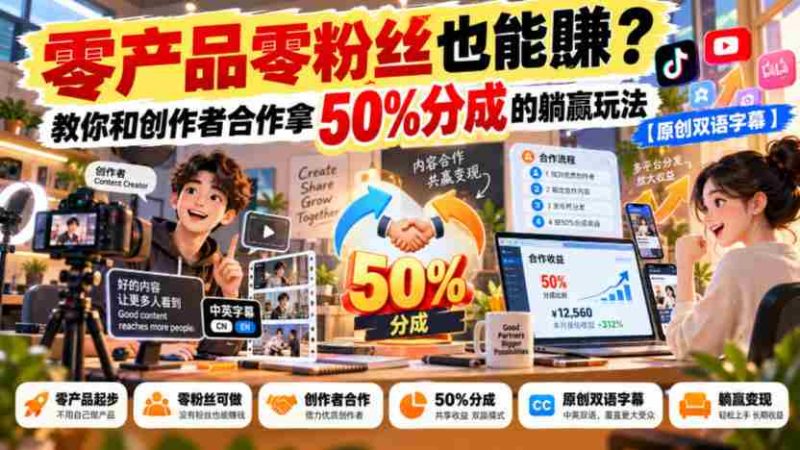 无门槛合作】无需粉丝也能盈利？揭秘创作者分成合作，轻松躺赚50%的秘诀【独家双语讲解-OG资源站