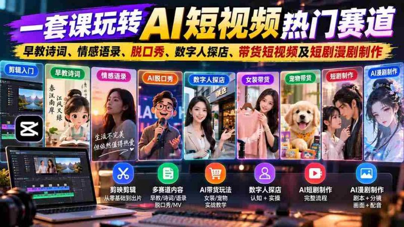 一套课玩转AI短视频热门赛道：早教诗词、情感语录、脱口秀、数字人探店、带货短视频及短剧漫剧制作  复制标题-OG资源站