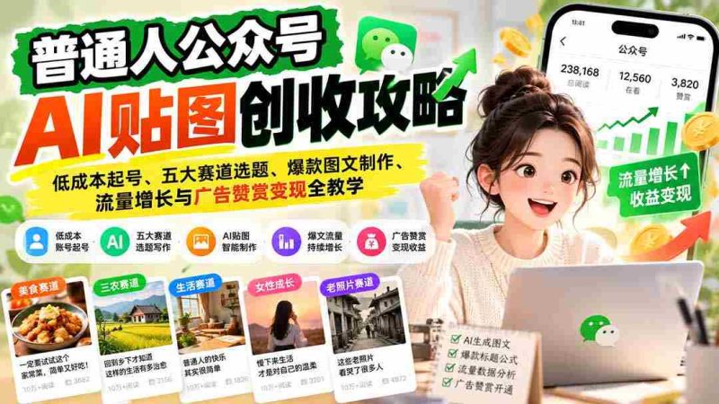 普通人公众号AI贴图创收攻略：低成本起号、五大赛道选题、爆款图文制作、流量增长与广告赞赏变现全教学-OG资源站