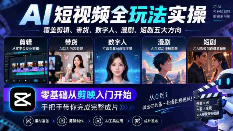 AI短视频全玩法实操，覆盖剪辑、带货、数字人、漫剧、短剧五大方向，零基础从剪映入门开始，手把手带你完成完整成片-OG资源站