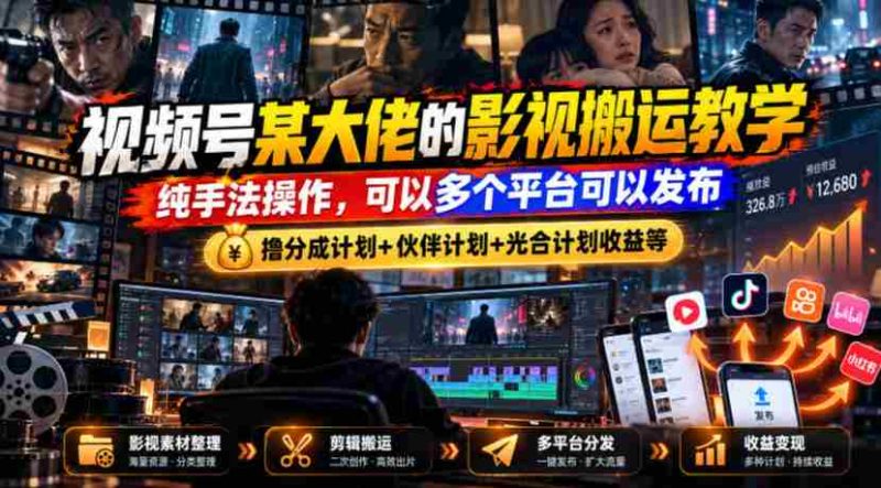 视频号某大佬的影视搬运教学,纯手法操作,可以多个平台可以发布,撸分成计划+伙伴计划+光合计划收益等-OG资源站