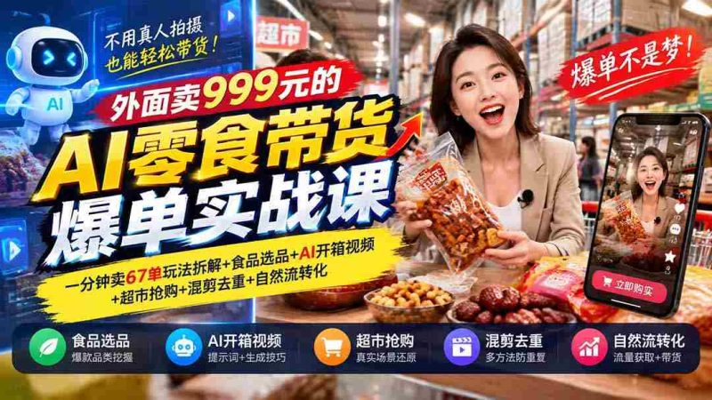 揭秘999元AI零食带货课程：67单/分钟销售秘诀+精选食品+AI开箱演示+超市抢购技巧+混剪去重+高效转化策略-OG资源站