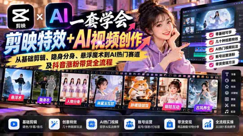一套学会剪映特效+AI视频创作：从基础剪辑、隐身分身、悬浮魔术到AI热门赛道及抖音涨粉带货全流程-OG资源站