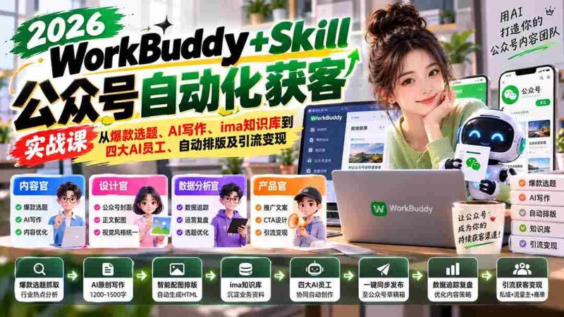 探索WorkBuddy+Skill公众号高效吸粉秘诀：爆款选题挖掘、AI创作、智能知识库构建，四大AI助手助力，自动排版与流量变现攻略-OG资源站