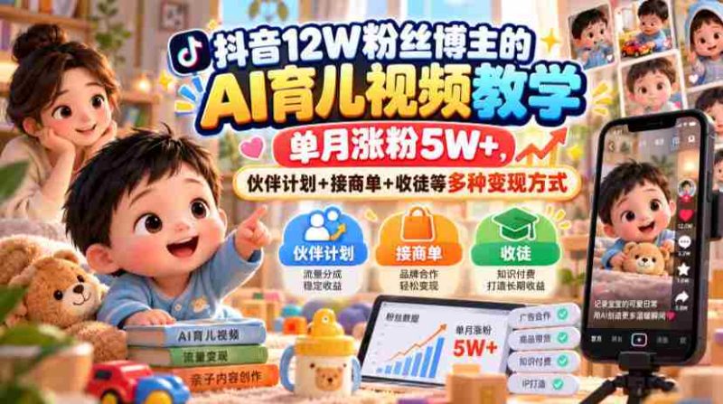 抖音12W粉丝博主的AI育儿视频教学，单月涨粉5W+，伙伴计划+接商单+收徒等多种变现方式-OG资源站