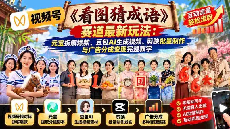 图语探秘:揭秘视频号“成语解码”新趋势,元宝拆解技巧、豆包AI制视频、剪映批量剪辑与广告盈利指南-OG资源站