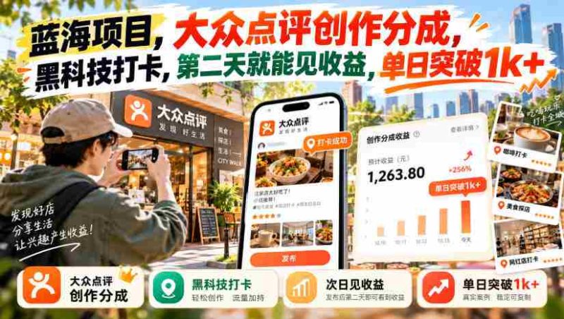 探秘蓝海商机：大众点评内容创作分成，创新黑科技打卡，次日盈利轻松过千-OG资源站