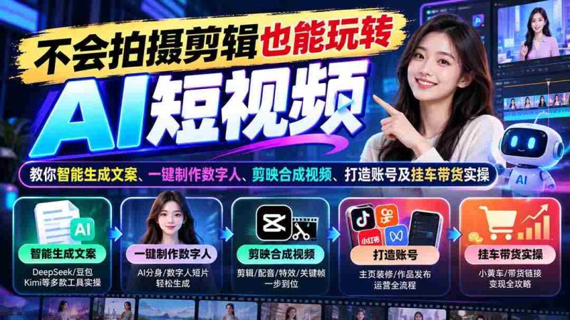 轻松驾驭AI短视频制作：无需剪辑技巧，教你智能创作文案、轻松制作数字形象、一键合成视频，学会账号运营和带货技巧-OG资源站