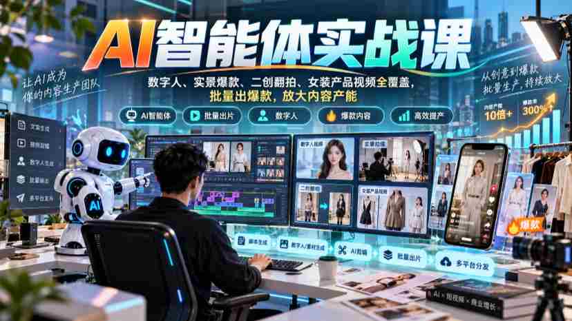 全面解锁AI智能助手实战教程：涵盖数字人、实景热销、二次创作与女装产品短视频，批量打造爆款，高效提升内容生产力