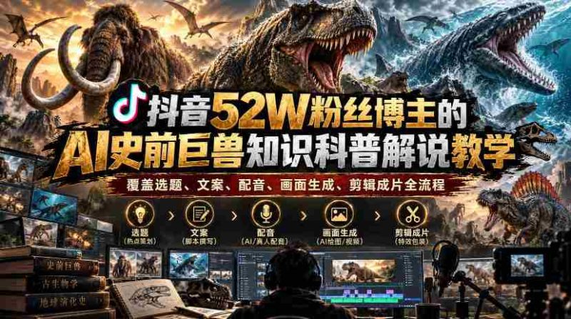 揭秘抖音52万粉丝博主如何打造AI史前巨兽科普教程：从选题到成品，全方位解析知识传播的艺术-OG资源站
