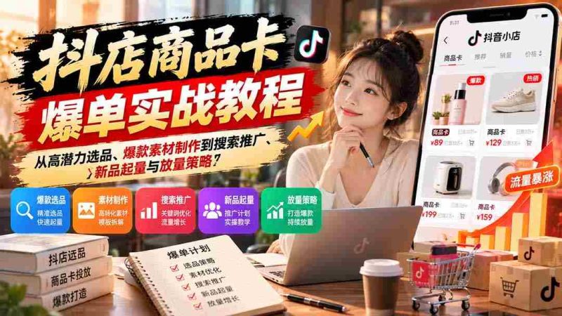 抖店商品卡爆单实战教程：从高潜力选品、爆款素材制作到搜索推广、新品起量与放量策略-OG资源站