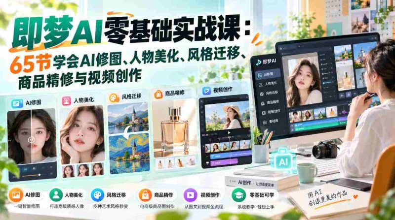 即梦AI零基础实战课：65节学会AI修图、人物美化、风格迁移、商品精修与视频创作-OG资源站
