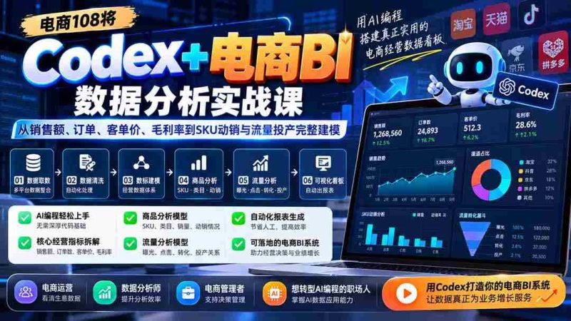 Codex+电商BI数据分析实战课-更新1026：从销售额、订单、客单价、毛利率到SKU动销与流量投产完整建模-OG资源站