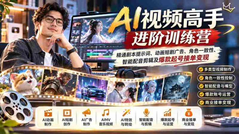 AI视频达人提升班：掌握剧本关键词、动画广告制作、角色保持、智能配音剪辑与爆款账号运营盈利-OG资源站