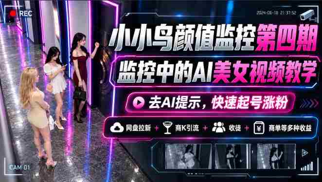 小小鸟颜值监控第四期，监控中的AI美女视频教学，去AI提示，快速起号涨粉，网盘拉新+商K引流+收徒+商单等多种收益-OG资源站
