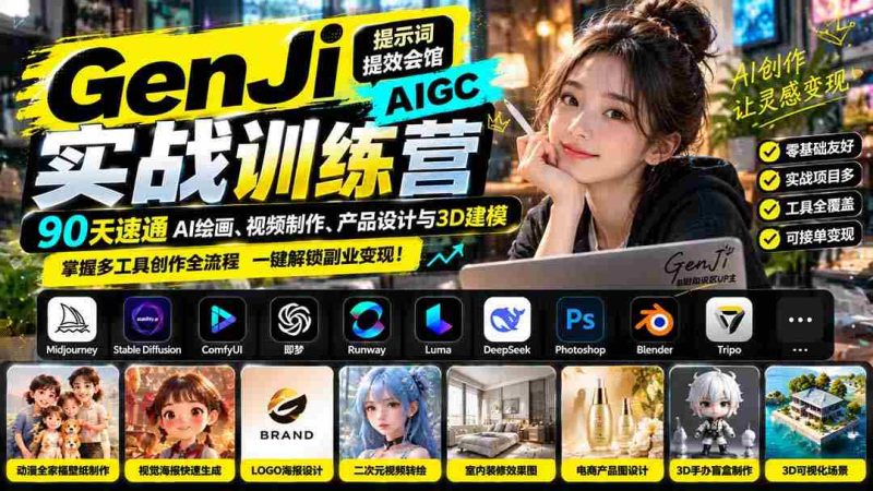 90天高效掌握AI绘画、视频剪辑、产品设计和3D建模,GenJi AIGC实战训练营助你精通多工具创作技巧-OG资源站