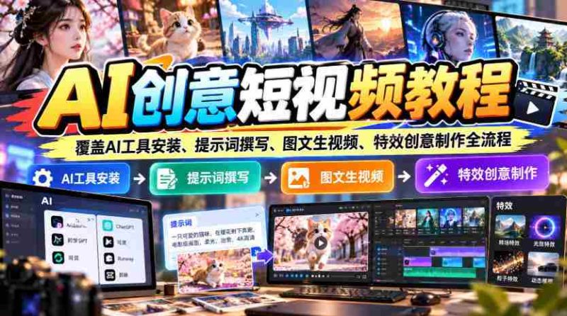 AI创意短视频教程，覆盖AI工具安装、提示词撰写、图文生视频、特效创意制作全流程-OG资源站