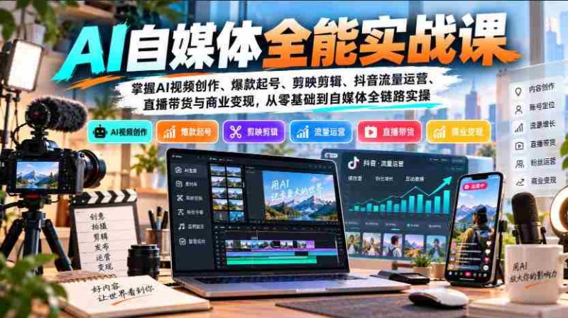 【无水印】AI自媒体全能实战课，掌握AI视频创作、爆款起号、剪映剪辑、抖音流量运营、直播带货与商业变现，从零基础到自媒体全链路实操-OG资源站