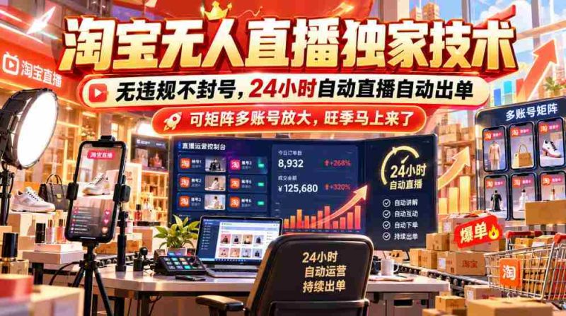 独家揭秘：淘宝无人直播技术大放异彩，零违规风险封号无忧，全天候自动开播自动成交，矩阵式多账号同步放大效益，旺季商机即将到来！-OG资源站