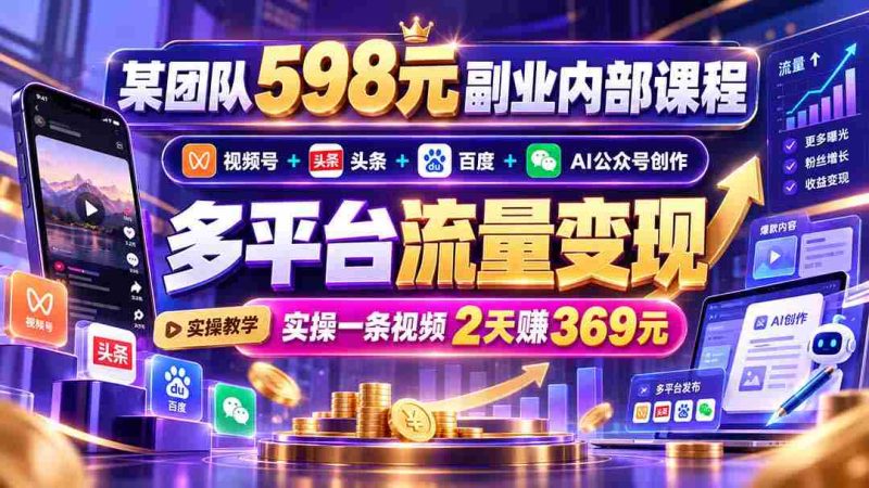 团队独供598元兼职课程：短视频、今日头条、百度AI公众号齐发力，一视频两天轻松赚369元，多平台流量变现攻略！-OG资源站