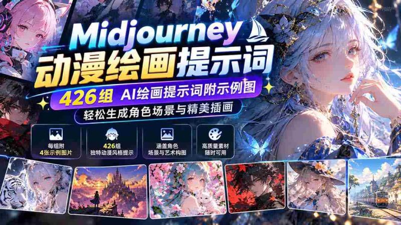 Midjourney动漫绘画提示词：426组AI绘画提示词附示例图，轻松生成角色场景与精美插画-OG资源站