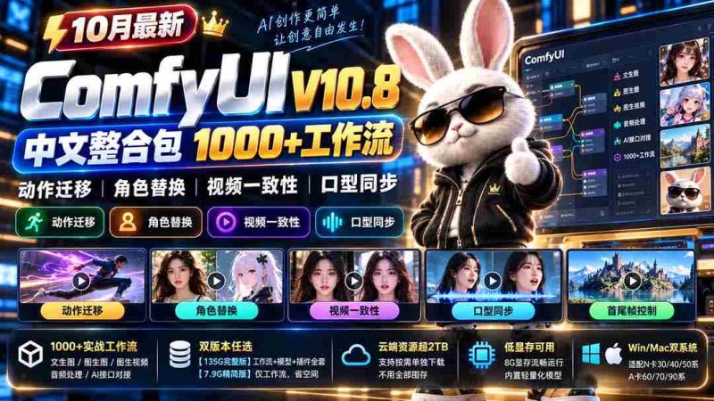 全新V10.8版ComfyUI中文集成版揭晓：千余工作流，动作迁移、角色更替、视频统一与口型同步，低显存轻松应对-OG资源站