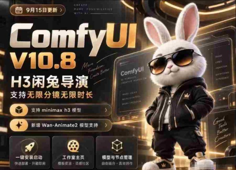 H3闲兔导演打造ComfyUI V10.8中文版，畅享无限创意，千余工作流轻松切换，动作与角色自由迁移，视频同步无忧，低显存轻松驾驭-OG资源站