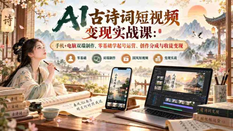 AI古诗词短视频变现实战课：手机+电脑双端制作，零基础学起号运营、创作分成与收徒变现-OG资源站