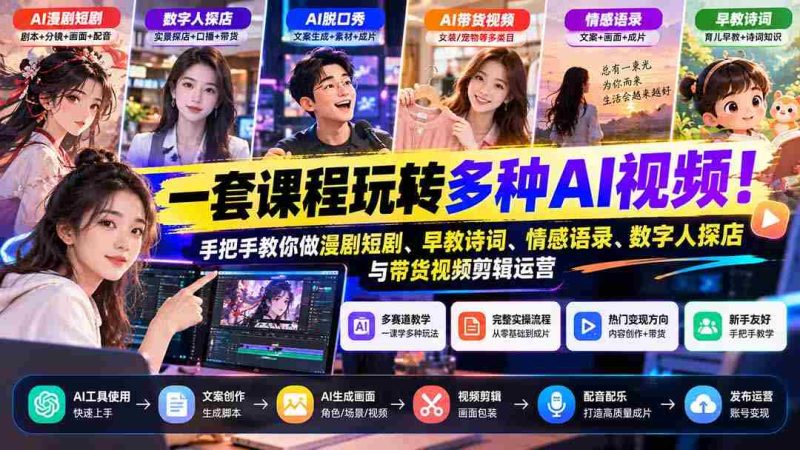 轻松掌握AI视频剪辑！一课多能，全面解锁漫剧短剧、早教诗词、情感语录及数字人探店带货-OG资源站