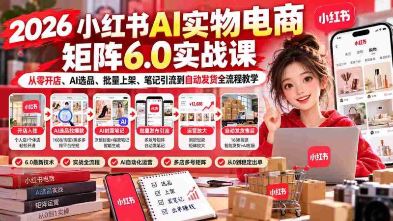 2026小红书AI实物电商矩阵6.0实战课：从零开店、AI选品、批量上架、笔记引流到自动发货全流程教学-OG资源站